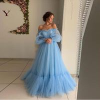 Casual Dresses Fashion Sky Blue Tulle A Line Evening Gowns Off The Shoulder Full Sleeves Sexiga Kvinnor Saudiarabiska Prom Custom