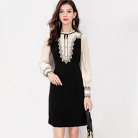 Women' s Dresses O Neck Long Sleeves Ruffles Lace Patchw...