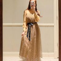 Vestidos casuales 2021 verano corea mujeres elegante temperamento pliegues pliegues pliegues vestido femenino dot impresión malla gasa playa largo