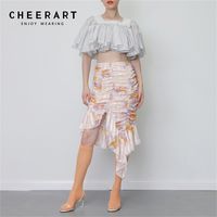 Asymmetrische Röcke Womens Ruhn Floral Print Mini Hohe Taille Damen Rüschen Wrap Sommerkleidung 210427