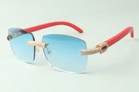 Óculos de sol de diamante Micro-pavimentada Designer 3524025 com óculos de braços de madeira vermelha, vendas diretas, tamanho: 18-135mm