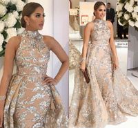 Yousef Aljasmi 2021 High Neck Prom Klänningar med avtagbar tåg Modest Luxury Glänsande Lace Applique Plus Size Evening Pageant Wear Gowns