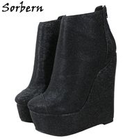 Sorbern Black Wedges Ankel Boot Kvinnor Glitter Sequins Platform Shoe Bekväma Booties