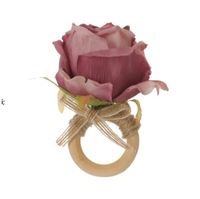 7 color Wooden Napkin Rings buckle clasp hand woven linen rope Artificial Flower Napkins Ring Hotel table RRD13480