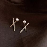 Stud Korean Trendy Elegant Pearl Shiny Rhinestone Cross Earrings For Women Girl Daily Personality Accessories