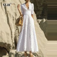 VGH Элегантное белое Maxi платье для женщин V шеи половина рукава высокая талия выладьте тонкие платья женщин 2020 осень новая стиль мода Y0706