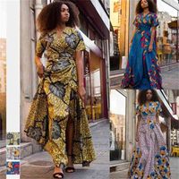 패션 숙녀 아프리카 옷 여름 드레스 저녁 파티 섹시한 V 넥 맥시 플러스 크기 미국 아프리카 드레스 여성을위한 210408