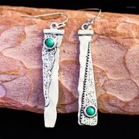 Dangle & Chandelier Vintage Ethnic Earrings For Women Sickle Serrated Long Drop Unique Design Jewelry Inlaid Green Stone
