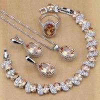 Silver 925 Bridal Champagne Zircon Ensembles de bijoux pour femmes boucles d'oreilles / pendentif / collier / bagues / bracelet