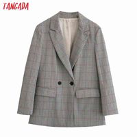 Mujere Plaid femenina manga larga doble pecho elegante chaqueta damas trabajo ropa de blazer trajes 4m124 210416