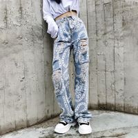 Herbstjeans Frauen Kleidung Mode Plus Größe Lose hohe Taille Hosen Harajuku Loch gedruckt gerade Hosen T4951