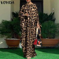 Vestidos casuais mulheres kaftan vestido 2021 vonda vintage leopardo impresso festa longa maxi manga plissada vestido roupão de grandes dimensões