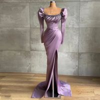 2022 helle lila satin meerjungfrau prom kleider lange ärmel perlen hoch split frauen formale abend party pageant kleider plus größe