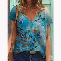 Mode d'été Femme Papillon imprimé à manches courtes graphique T-shirts en coton Plus Taille Tops S-5XL