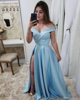 Stilvolle Frauen Abendkleider Einfach Eleganter Lichthimmel Blau Off Schultern Ruhnierte High Split Long Prom Party Kleider