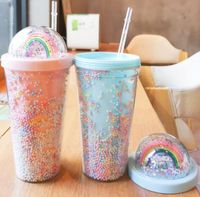 450ml Rainbow Becher Tassen Doppelkunststoff mit Strohhalsten Haustiermaterial Für Kinder Erwachsene GirlFirend Geschenk Produkte