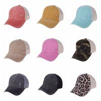 Ponytail Hats 9 Colors Washed Cross Mesh Back Leopard Camo H...