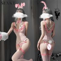 Розовый кролик Девушка сексуальное Униформа Нижнее белье с хвостом Ролевые эротические женские кролики кролика Bunny Cosplay Halloween 211214