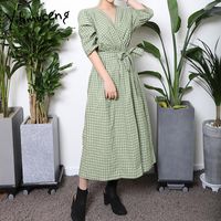 Günlük Elbiseler Yitimuceng Ekose Kadınlar Için Artı Boyutu Vintage Uzun Elbise Moda Yüksek Bel Yay Lace Yeşil Sundress 2021 Yaz