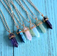 Nature agate Natural Stone Bullet Necklace Gold Chain Hexago...