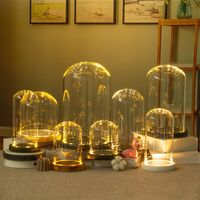 Rensa glasdisplay Dome med LED Träbas Microlandscape Miniatyr Dollhouse DIY Hållare Blomma Bevarande Vasehållare 5358 Q2