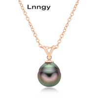 18K Solid Gold Necklace 8-9mm Tahitian Spiral Black Pearl Semi-baroque Women Engagement Gifts with Silver chain 210628