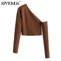 KPYTOMOA женская мода, выладьте обрезанный вязаный свитер Винтаж асимметричные шеи с длинным рукавом женские пуловеры шикарные вершины 211022