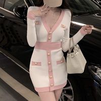 Vestidos casuais outono inverno suéter vintage manga comprida fina sexy bodycon vestido coreano casual feminme femme robe 7pcc