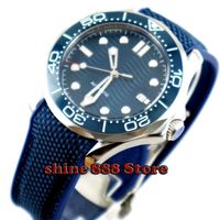 Наручные часы 41 мм Синий стерильный циферблат Сапфировое стекло Дата Светящиеся Марки Керамические BEZEL Автоматические мужские Часы