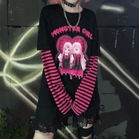 Kadın T-Shirt QWeek Japonya Tarzı Harajuku Anime Baskı Grafik Tees Y2K Punk Uzun Kollu Patchwork Kadın T-Shirt Mall Goth Sonbahar Moda 2