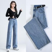 Женские джинсы для женщин 2022 Мода Мода Широко-Ногонаправленная прямая высокая талия Регулируемая пряжка Удобные тонкие женские штаны
