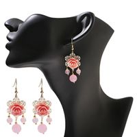 Bohemian Style Fashion Earrings Hook Gold-Plated Color Coral Rose Flower Shape Decoration Natural Crystal Bead Pendant Earrings