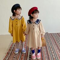 Dudu Kore Yeni Çocuk Kız Elbise Turn-down Yaka Ön Düğmeler Çocuk Tasarımcı İlkbahar Sonbahar Elbise