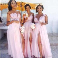 Pink Lace Chiffon Split Country Bridesmaid Dresses A Line Sheer Neck Applique Floor Length Maid of Honor Wedding Guest Dresses BM0146