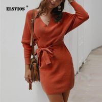 Casual Dresses ELSVIOS Winter Autumn Sexy Wrap Cross Sashes Kintted Dress Women Loose Leopard Print Sweater Elegant Mini Party