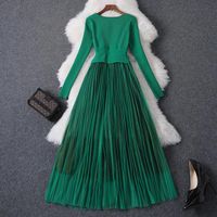 Günlük Elbiseler 2021 Pist Moda Tasarımcısı Sonbahar Kış Giyim Kadın Zarif Uzun Kollu Tül Patchwork Midi Örgü Kazak Elbise