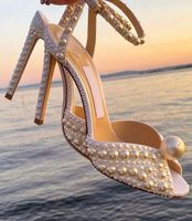 Londyńskie marki Sacora Sandały Buty do Bidal Wedding Heal Heels White Perły Skórzany Kostki Pasek Peep Toe Elegant Lady Pompy EU35-43