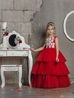 Elegante princesa roja para niñas Pageants Vestidos del hombro Applique Longitud de piso Vestidos de bola para adolescentes vestido de flor para niños pequeños