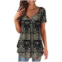 Women&#039;s T-Shirt Womens Casual Short Sleeve Loose T-Shirts Flower Print Button Pleated Tunic Tops V-neck Female Pullover Summer Clothes