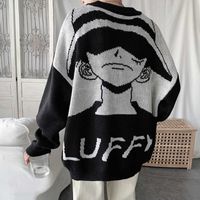 Япония аниме один кусок свитер мультфильм луффи трикотажные одежды милые моды топы пуловеры черный белый Y0816
