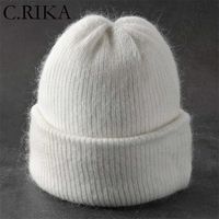 Winter Hat for Women Real Rabbit fur Cashmere Knitted Beanies Girl Outdoor Thick Warm Angora Fashion Solid Skullies 220118