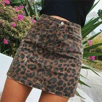 Sexy Rasgado Leopardo Imprimir Saiola Mini Denim Streetwear Lápis Cintura Alta Faldas Mujer Moda 210706