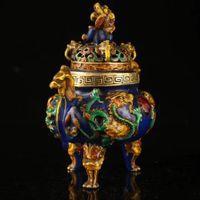 Tibet Nepal Old Cloisonne Cloisonne Perline Smalto Dipinto Due Dragon Play Beaks Leone Forno di incenso