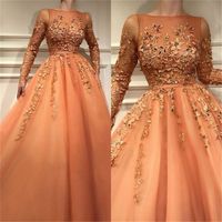 Modest Orange Long Sleeve Prom Dresses 2022 3D Appliques A Line Sheer Neck Floor Length Evening Gowns Formal Vestidos Custom Made BC2054