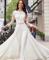 Eleganckie Długie Rękawy Koronki 2020 Suknie ślubne Kombinezon Szyfonowa Aplikacja Ruched Sweep Pociąg Wedding Suknie Ślubne Robe de Mariée CG001