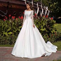 SoDigne Country Long Sleeves Wedding Dresses Satin Open Back A-Line French Wedding Gowns With Belt Women Long Bridal Gown H0105