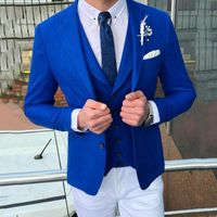Royal Blue Terno Masculino Slim Fit Fit Homens Ternos Feitos Personalizados Feitos Custom Noivo Smoking TuxeDos Relógios de Lapela Vest Balde Calças 3 peça