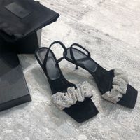 2021 Top Quality Verão Mulheres High Heeled Sandálias Lantejoulas Pano De Cristal Scrunchie Festa Sapatos Weeding com caixa