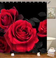 Gül Duş Perdesi Kanca ile Set Siyah ve Kırmızı Banyo Romantik Çiçek Çiçek Su Geçirmez Polyester Kumaş Dekoratif Perdeler