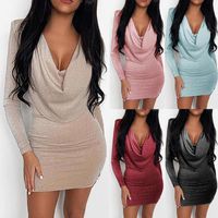 Robes décontractées Femme Couleur Solide Manches Longues Mini Robe Spring Sexy Sexy Baldoyant Dames Col V-Col Partie Vestido Mujer